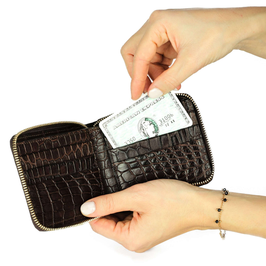 Calfskin Zip Around Wallet with Crocodile Interior