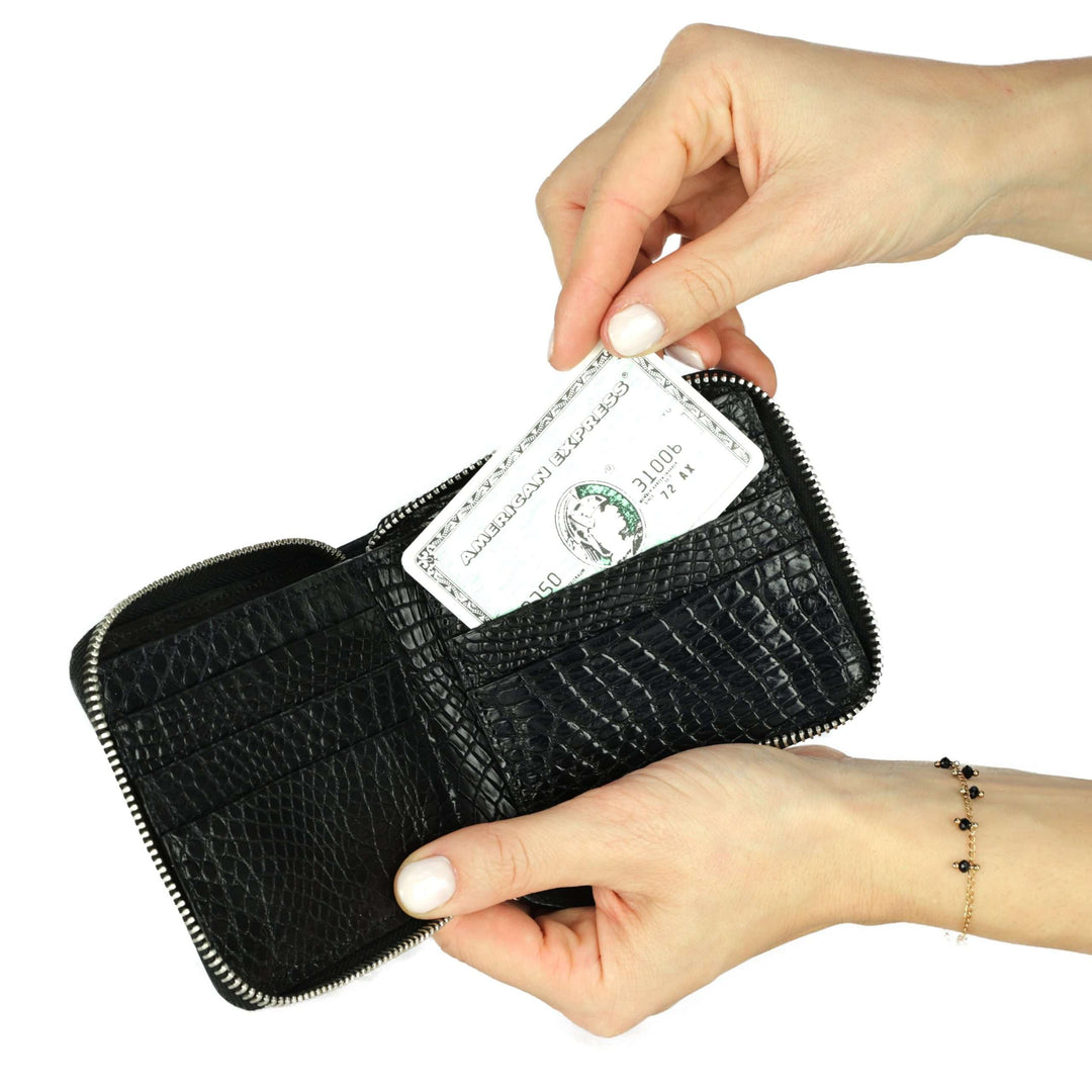 Calfskin Zip Around Wallet with Crocodile Interior