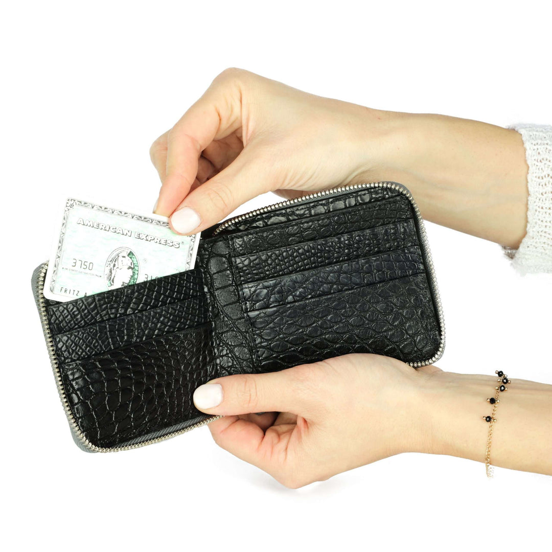 Calfskin Zip Around Wallet with Crocodile Interior