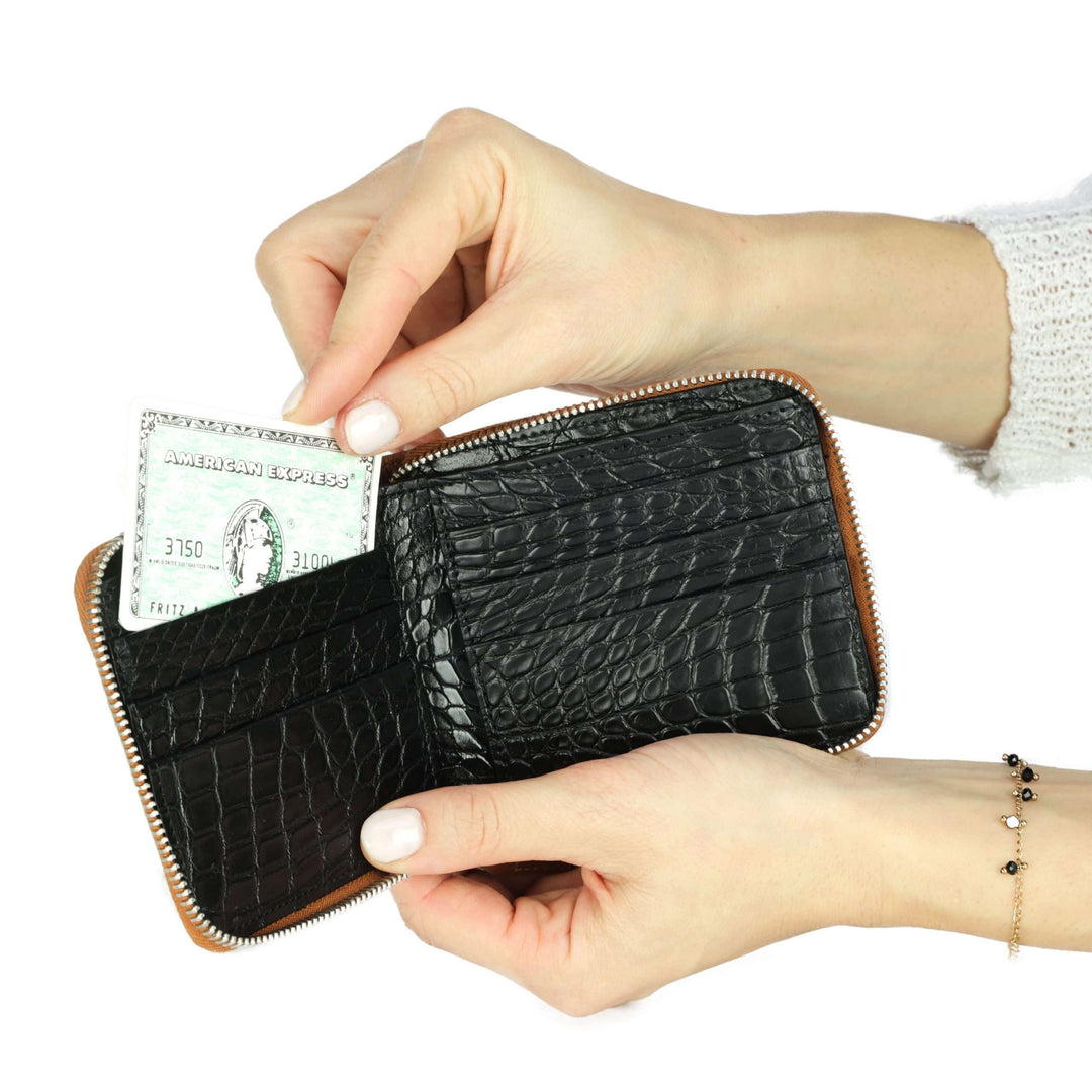 Calfskin Zip Around Wallet with Crocodile Interior