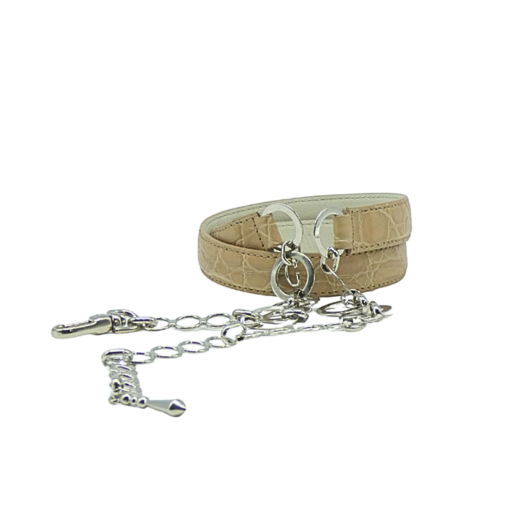 20mm Crocodile Leather Belt with Chain Closure in Silver Finish