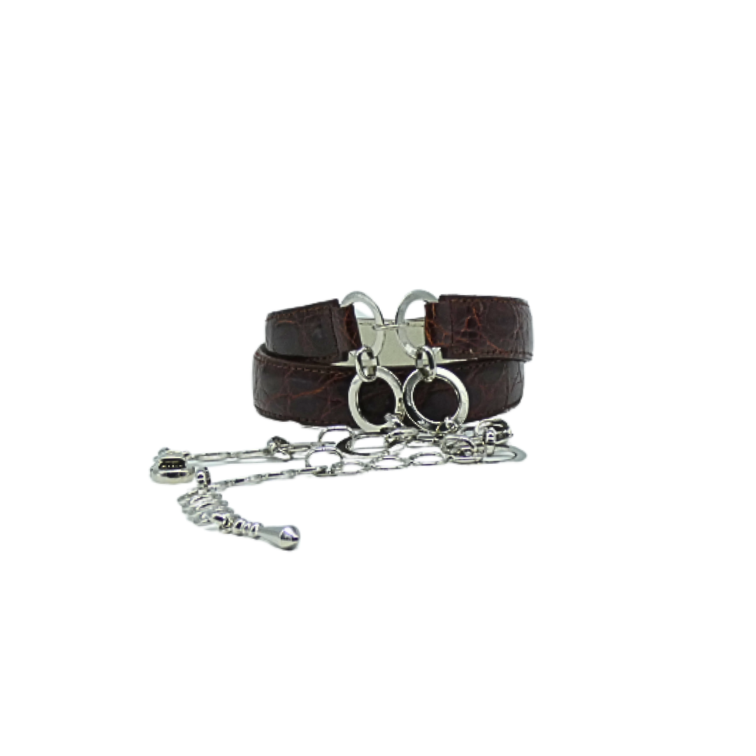 20mm Crocodile Leather Belt with Chain Closure in Silver Finish