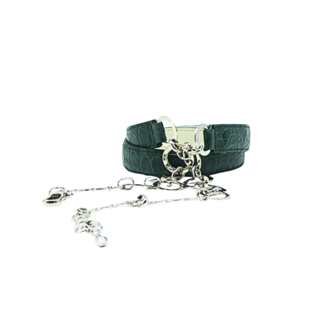 20mm Crocodile Leather Belt with Chain Closure in Silver Finish